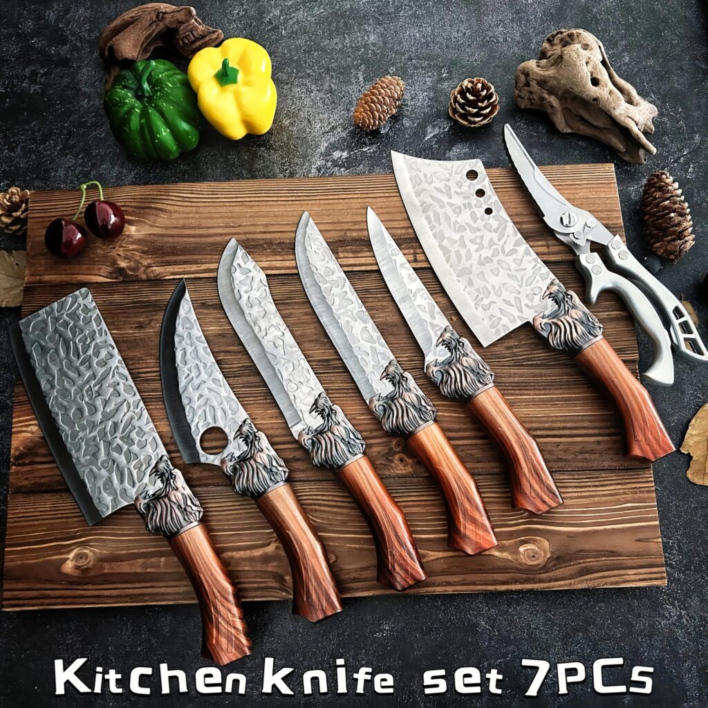 Home 4 hand forged wolf head kitchen knife set 7pcs wooden handle stainless steel chef bone knives