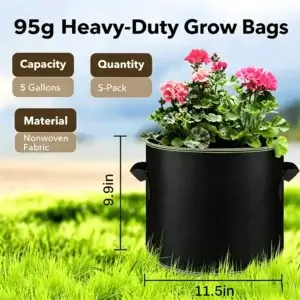 Fabric plant grow bags for vegetables, 5 gallon 95g heavy duty nonwoven planter bag size dimension display