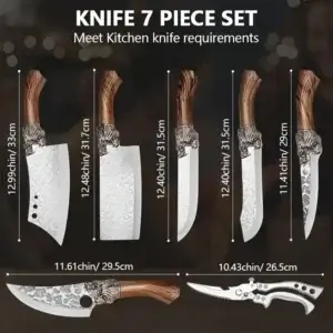 7pcs hand forged wolf head kitchen knife set full size layout wooden handle stainless steel blades