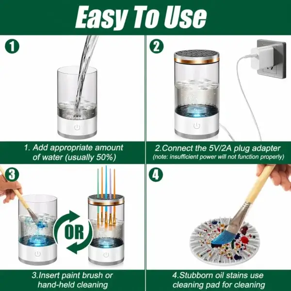 Electric Paint Brush Cleaner Operation Steps Step-by-step usage guide for Electric Paint Brush Cleaner, automatic vortex art brush cleaning operation