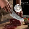 hand forged wolf head kitchen knife with finger hole cutting raw beef