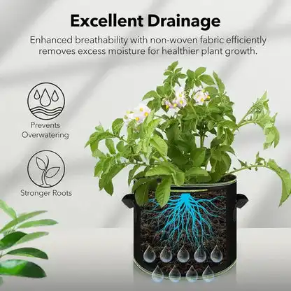 Fabric plant grow bag with excellent drainage breathable design for healthy potato root growth in UK gardens