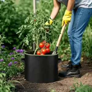 Fabric plant grow bags for vegetables, outdoor garden tomato planting scene with breathable non-woven planter pot