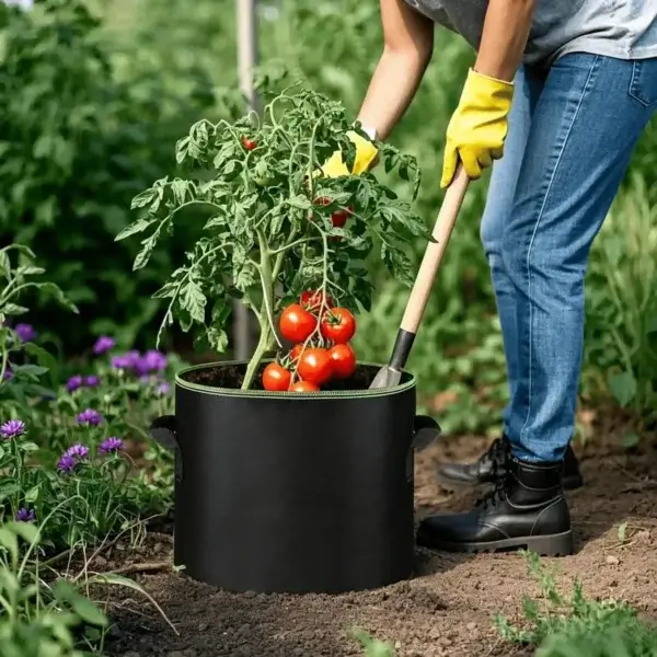 Fabric plant grow bag for tomato cultivation, outdoor UK backyard gardening scene