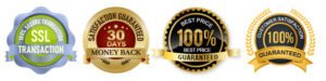 Four shopping trust badges including SSL secure transaction, 30 days money back guarantee, best price guaranteed and 100% customer satisfaction seal for online store checkout trust signal