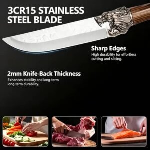 Wolf head kitchen knife 3CR15 stainless steel blade, 2mm thick knife back, sharp edges for cutting vegetable meat fish