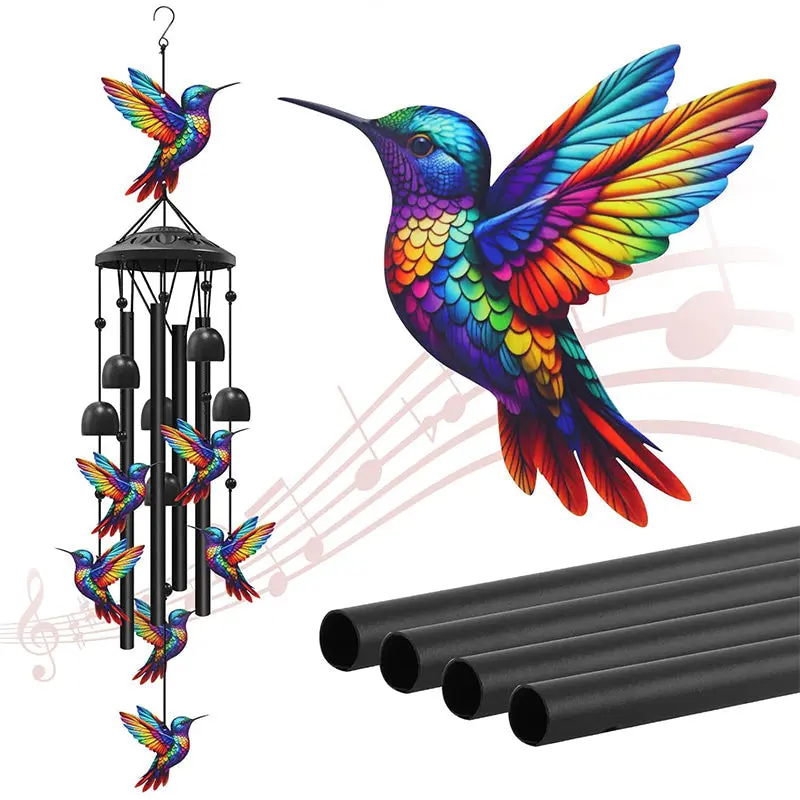 Hummingbird garden wind chimes structure display, colorful multi hummingbird pendant design and black aluminum tube accessories