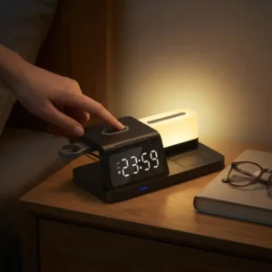 6 in 1 wireless charging station black model on bedside table, finger touch control to turn on built-in ambient night light with digital alarm clock display