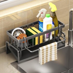 Premium Kitchen Sink Caddy Organiser In Use Storing Sponges, Washing Up Liquid And Cleaning Brushes