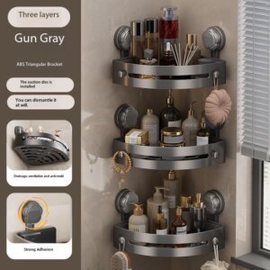 No drill bathroom shelf gun gray 3-layer triangular design, suction mounted ventilated drain shower corner storage rack with detachable structure