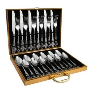 Silver Vintage Carved Stainless Steel Cutlery Set 24Pcs Gift Box