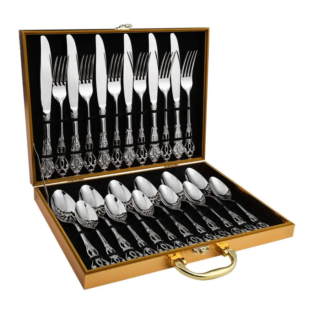 Silver Vintage Carved Stainless Steel Cutlery Set 24Pcs Gift Box