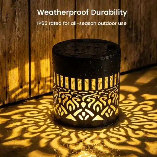 Colour changing solar mandala projector light, solar outdoor mandala projection light casting intricate pattern on wall and floor