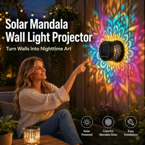 Colour changing solar mandala projector light, solar mandala wall light projector, colourful mandala projection decor for garden fence patio