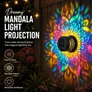 Solar mandala projection light outdoor colourful changing LED garden wall light, decorative solar powered mandala pattern projector lamp for fence patio backyard romantic nighttime decor