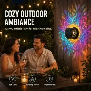 Colour changing solar mandala projector light, create cosy ambiance for backyard patio evening gathering