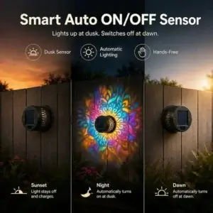 Colour changing solar mandala projector light, smart dusk to dawn auto on off sensor outdoor light