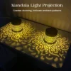 Colour changing solar mandala projector light, two solar mandala LED projection lights casting beautiful mandala patterns on table